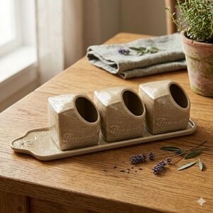 Vintage Revol France Provence Tan Ceramic Spice Cellar Jar Set & ServingTray 4pc